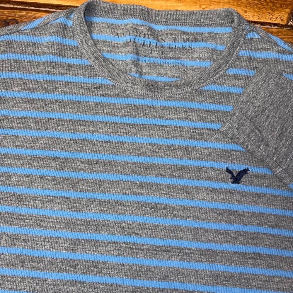 American Eagle Thermal Shirt Men L Gray Blue Striped Long Sleeve Cotton Crewneck